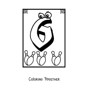 Coloring page of an animated number 6 worksheet to learn to count