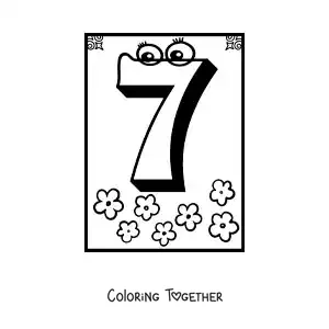 Coloring page of an animated number 7 worksheet to learn to count