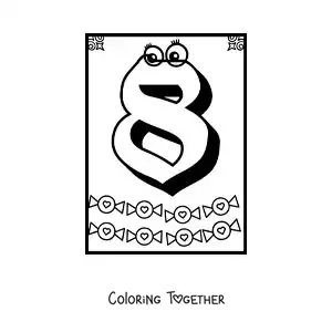 Coloring page of an animated number 8 worksheet to learn to count
