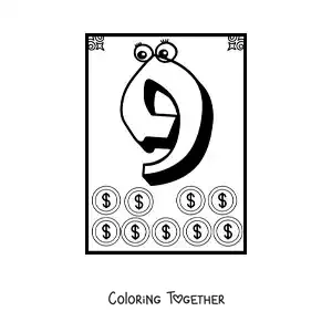 Coloring page of an animated number 9 worksheet to learn to count