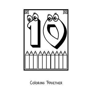 Coloring page of an animated number 10 worksheet to learn to count