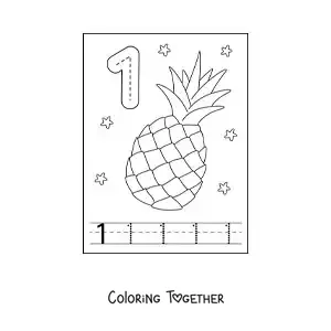 Coloring page of a card to learn to trace the number 1 and count with fruits