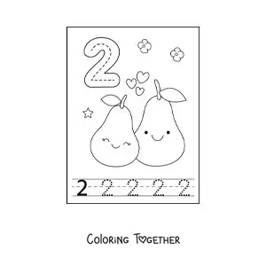Coloring page of a card to learn to trace the number 2 and count with fruits