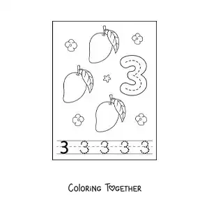 Coloring page of a card to learn to trace the number 3 and count with fruits