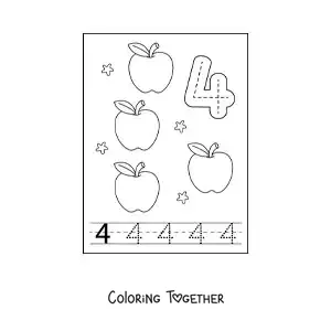 Coloring page of a card to learn to trace the number 4 and count with fruits