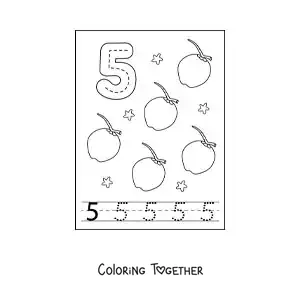 Coloring page of a card to learn to trace the number 5 and count with fruits