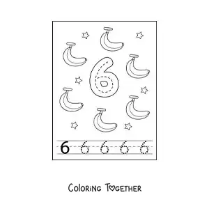 Coloring page of a card to learn to trace the number 6 and count with fruits