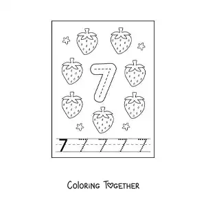Coloring page of a card to learn to trace the number 7 and count with fruits