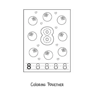 Coloring page of a card to learn to trace the number 8 and count with fruits