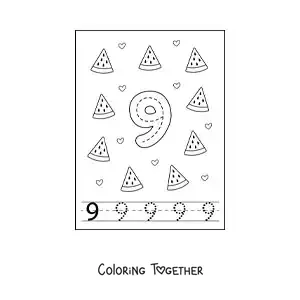 Coloring page of a card to learn to trace the number 9 and count with fruits