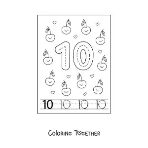 Coloring page of a card to learn to trace the number 10 and count with fruits