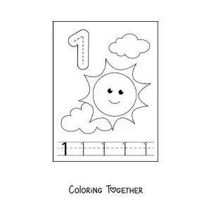 Coloring page of an activity to trace the number 1 and count with cartoons