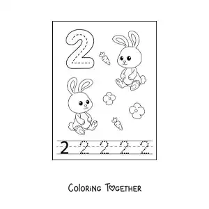 Coloring page of an activity to trace the number 2 and count with cartoons