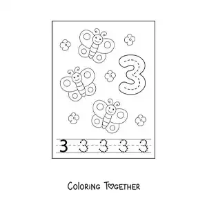 Coloring page of an activity to trace the number 3 and count with cartoons
