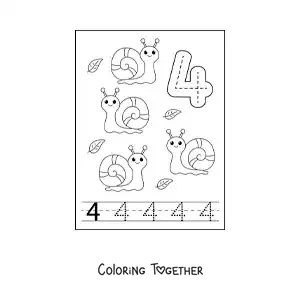 Coloring page of an activity to trace the number 4 and count with cartoons