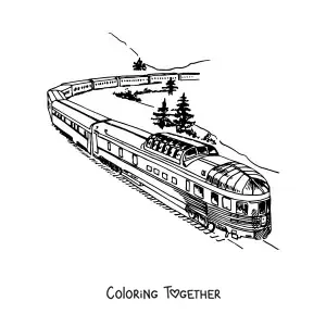 Coloring page of a modern train on tracks in the countryside