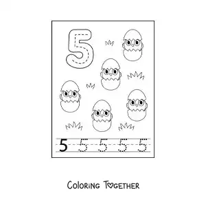 Coloring page of an activity to trace the number 5 and count with cartoons
