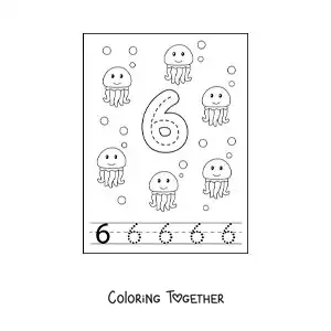 Coloring page of an activity to trace the number 6 and count with cartoons