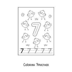 Coloring page of an activity to trace the number 7 and count with cartoons