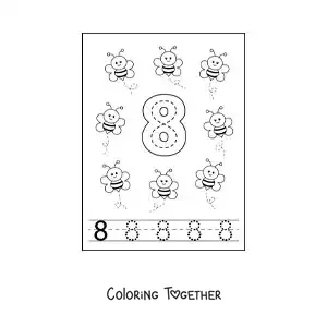Coloring page of an activity to trace the number 8 and count with cartoons