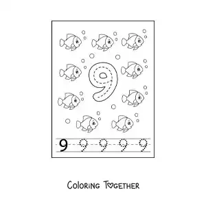 Coloring page of an activity to trace the number 9 and count with cartoons