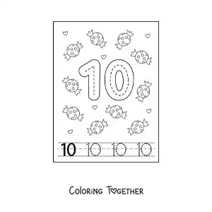 Coloring page of an activity to trace the number 10 and count with cartoons