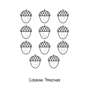 Coloring page of an activity to trace the numbers from 1 to 10 with acorns