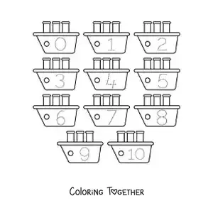 Coloring page of an activity to trace the numbers from 1 to 10 with boats