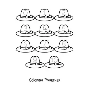 Coloring page of an activity to trace the numbers from 1 to 10 with hats