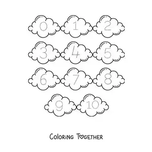 Coloring page of an activity to trace the numbers from 1 to 10 with clouds