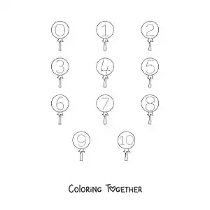 Coloring page of an activity to trace the numbers from 1 to 10 with sweets