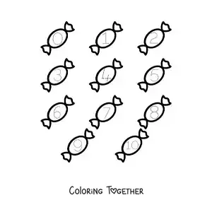Coloring page of an activity to trace the numbers from 1 to 10 with candies