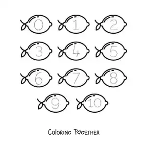Coloring page of an activity to trace the numbers from 1 to 10 with lemons