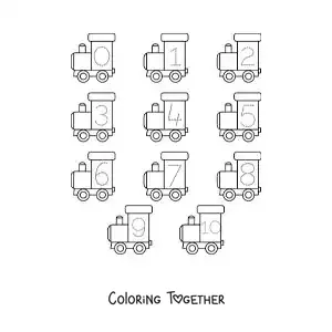 Coloring page of an activity to trace the numbers from 1 to 10 with trains