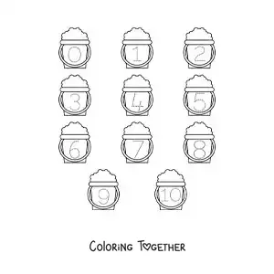 Coloring page of an activity to trace the numbers from 1 to 10 with sand buckets