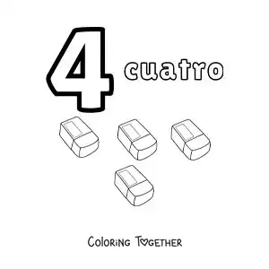 Coloring page of a number 4 worksheet to learn to count with fun drawings