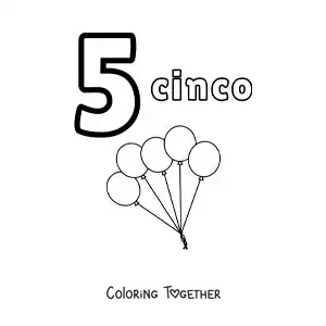 Coloring page of a number 5 worksheet to learn to count with fun drawings