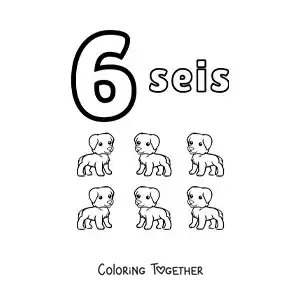 Coloring page of a number 6 worksheet to learn to count with fun drawings