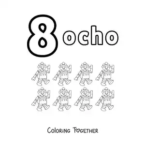 Coloring page of a number 8 worksheet to learn to count with fun drawings