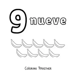 Coloring page of a number 9 worksheet to learn to count with fun drawings
