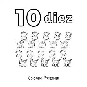 Coloring page of a number 10 worksheet to learn to count with fun drawings