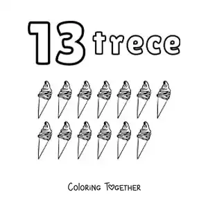 Coloring page of a number 13 worksheet to learn to count with fun drawings