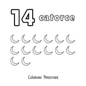 Coloring page of a number 14 worksheet to learn to count with fun drawings