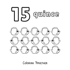 Coloring page of a number 15 worksheet to learn to count with fun drawings