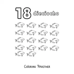 Coloring page of a number 18 worksheet to learn to count with fun drawings
