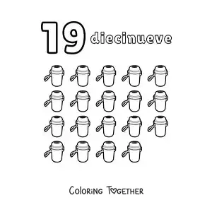 Coloring page of a number 19 worksheet to learn to count with fun drawings