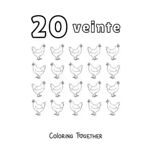 Coloring page of a number 20 worksheet to learn to count with fun drawings