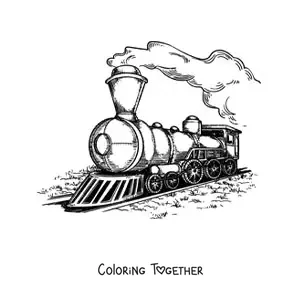 Coloring page of an old locomotive in motion