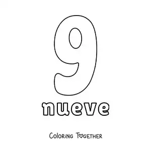 Coloring page of a number 9 flashcard to learn natural numbers