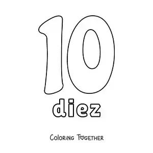 Coloring page of a number 10 flashcard to learn natural numbers